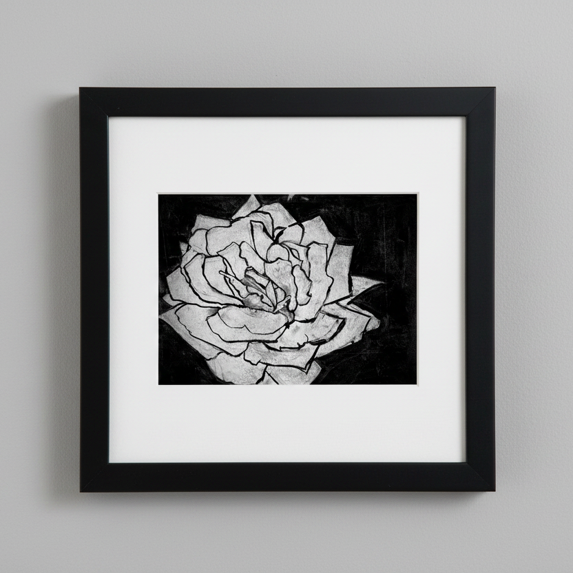 Black and white line drawing of a flower on a dark background