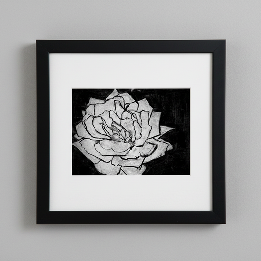 Black and white line drawing of a flower on a dark background